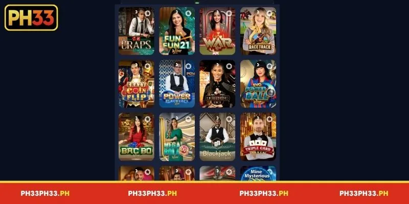 Featured Game Categories and the PH33 Live Casino Lobby